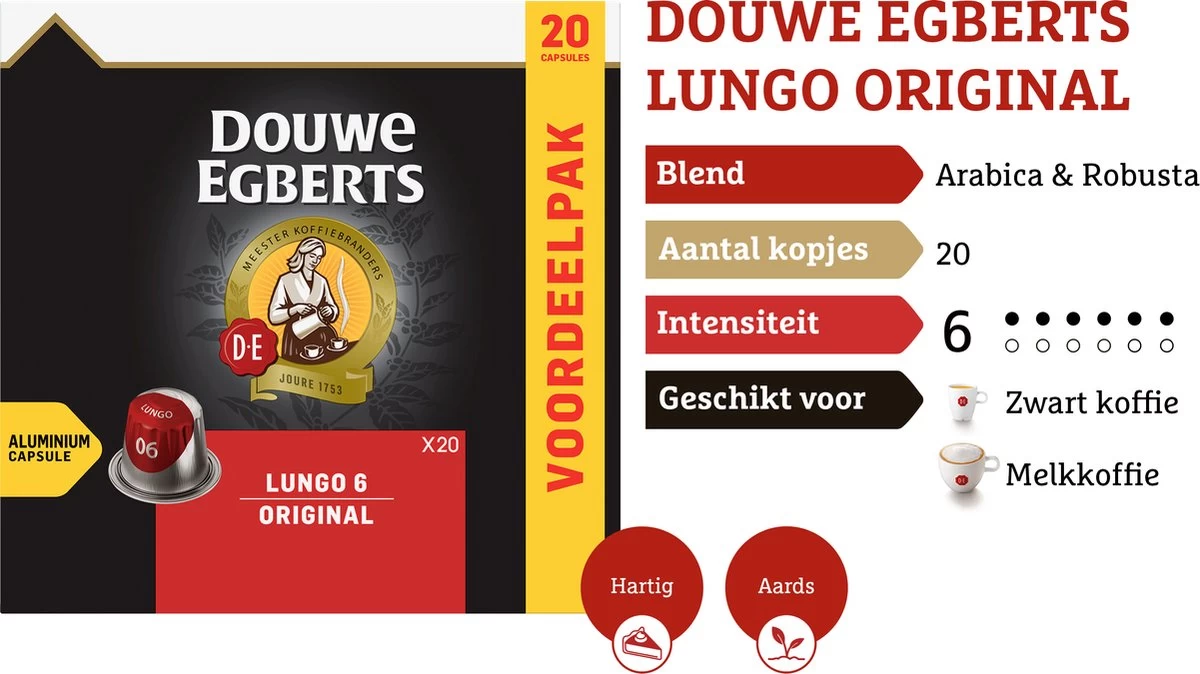 Douwe Egberts Lungo Original Koffiecups - Intensiteit 6/12 - 10 X 20 Capsules - Afbeelding 4