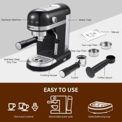 1350W 2 Cup Black Espresso Machine 20 Bar Compact Coffee Maker