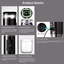 Coffee Maker, Usb Coffee Machine,Portable Mini Coffee Maker,2.8X2.8X8.7In,Easy Operation,18Bar Pump Pressure
