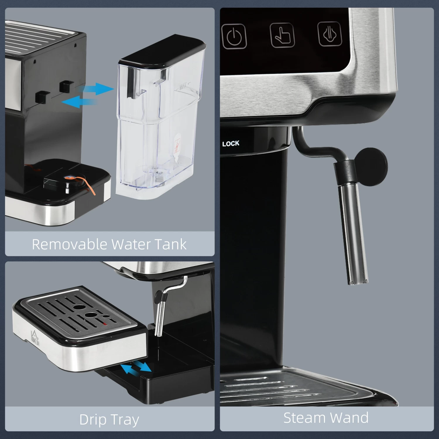 HOMCOM 1-2 Cup Stainless Steel Espresso Machine With Milk Frother Wand & Removable Water Tank, Coffee Gift - Afbeelding 8