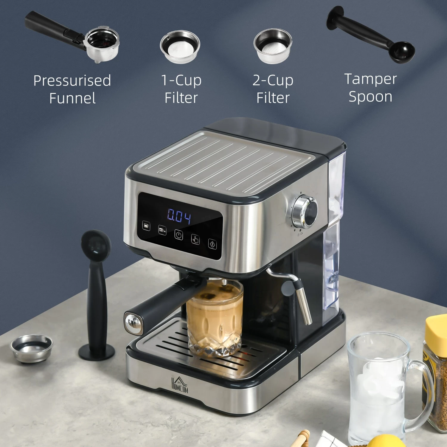 HOMCOM 1-2 Cup Stainless Steel Espresso Machine With Milk Frother Wand & Removable Water Tank, Coffee Gift - Afbeelding 9