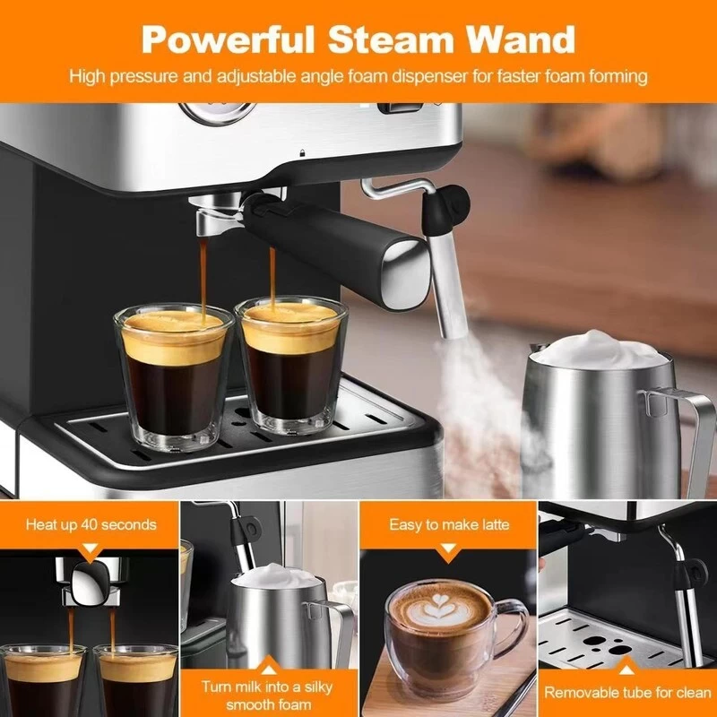 Stainless Steel Espresso Machine With Pressure Gauge And Milk Frother Steam Wand, 1.5L Water Tank - Afbeelding 2