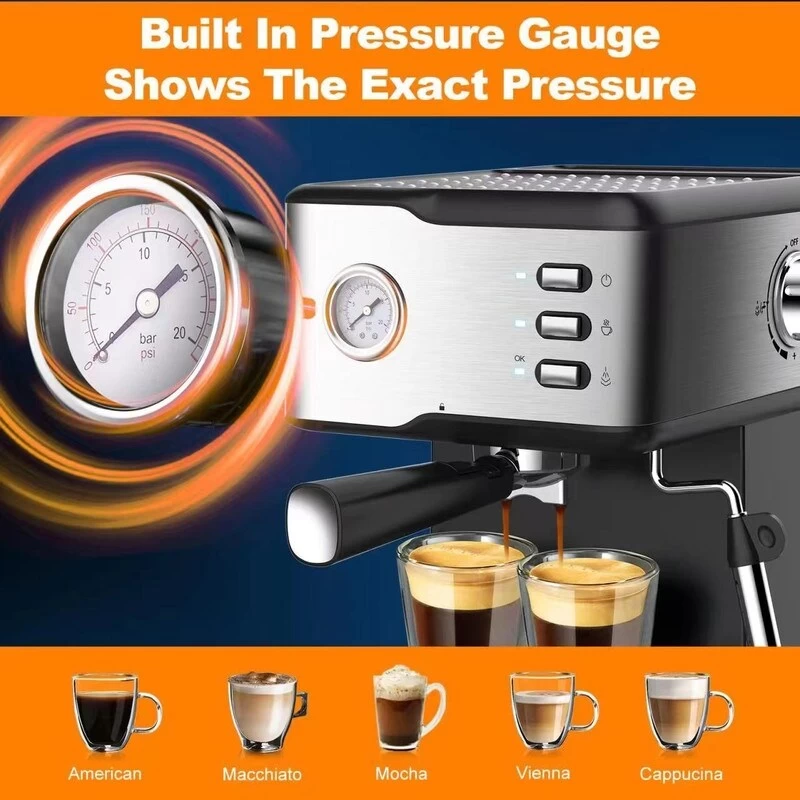 Stainless Steel Espresso Machine With Pressure Gauge And Milk Frother Steam Wand, 1.5L Water Tank - Afbeelding 4